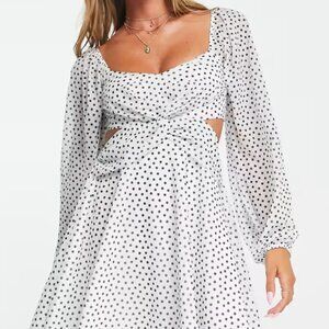 ASOS Long Sleeve Cut Out White Polka Dot Mini Dress - Size 8